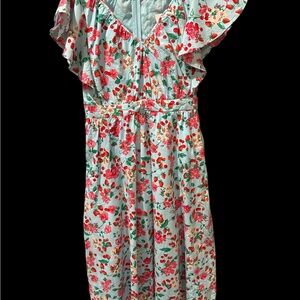 O41 Ann Taylor Floral Midi Dress in Light Blue with Red & Green Print